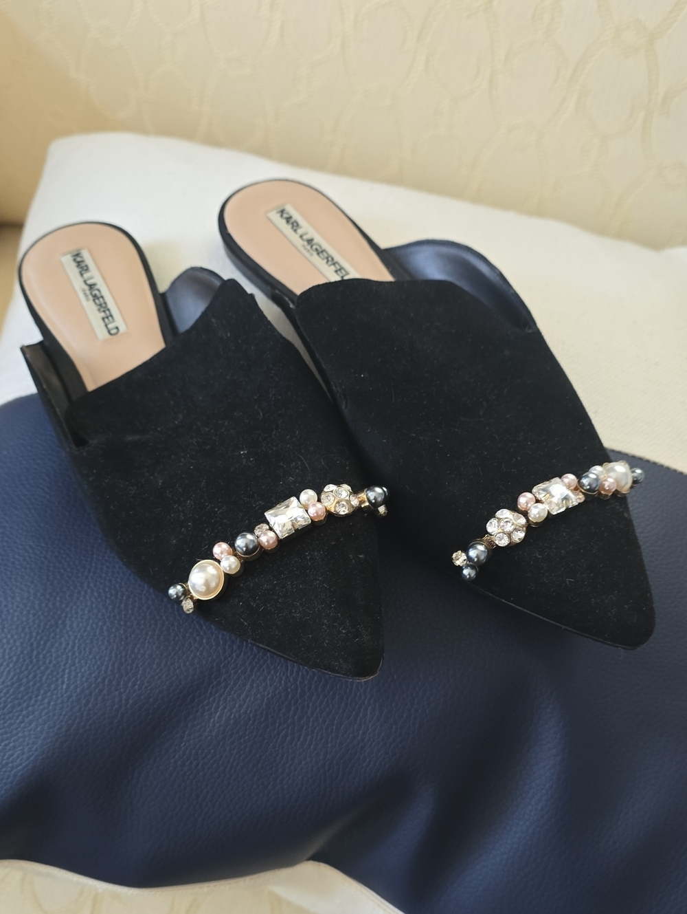 Karl Lagerfeld Black Suede Pointed Pearl & Crystal Embellished Mules